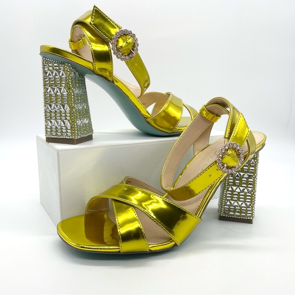 Betsey Johnson Women's Sb-Bell Heel Silver Rhinestones Gold Sandals - Picture 1 of 12
